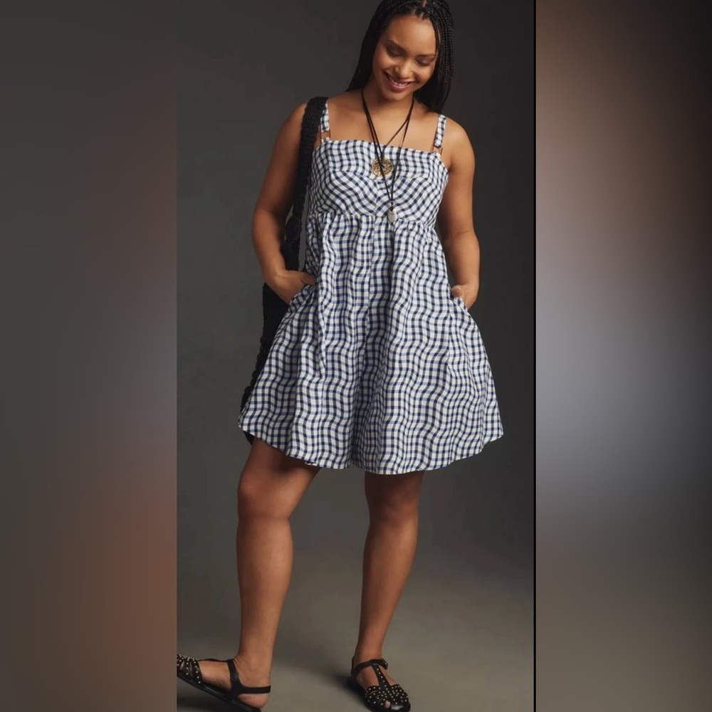 Maeve Anthropologie Sleeveless Babydoll Gingham Romper Blue Sz XLP - Picture 9 of 9